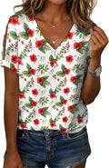 Women's Boho Floral Print Blouse Loose Fit V-Neck Short Sleeve Top with Front Buttons Casual Summer 2025 T-Shirt