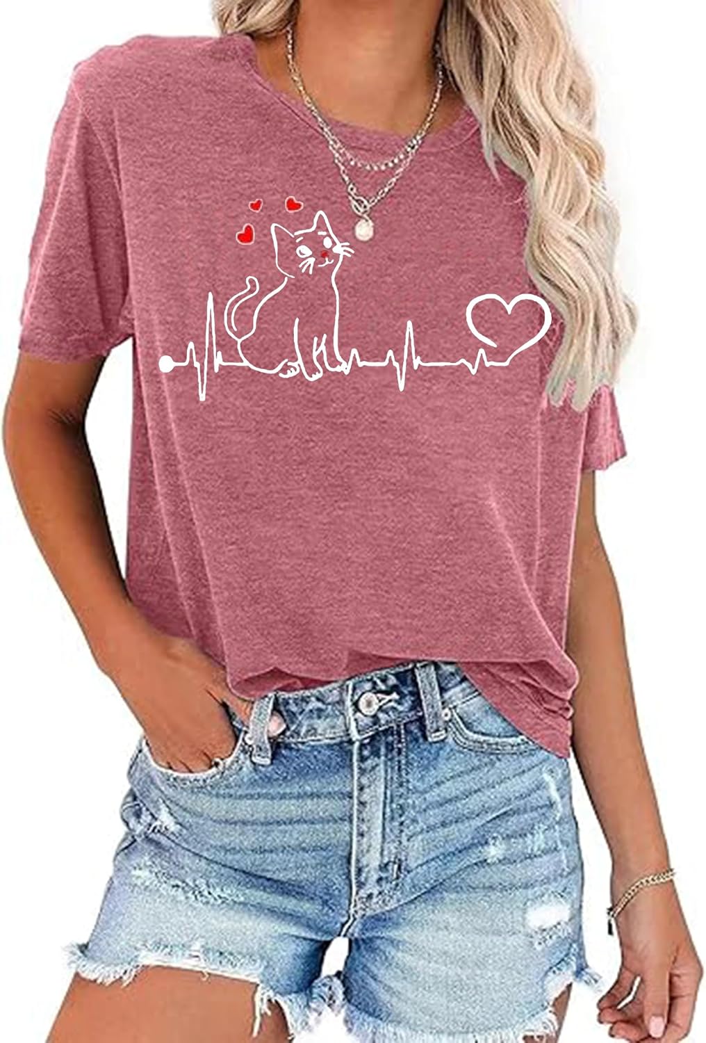 Cute Cat Shirt for Women Cat Mom Heartbeat Paw Print T-Shirt Short Sleeve Casual Tee Top