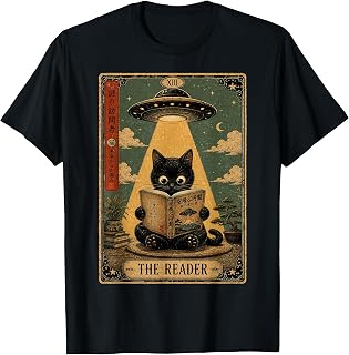 Vintage Japanese Cat Book Lovers UFO Alien Tarot Card Cat T-Shirt