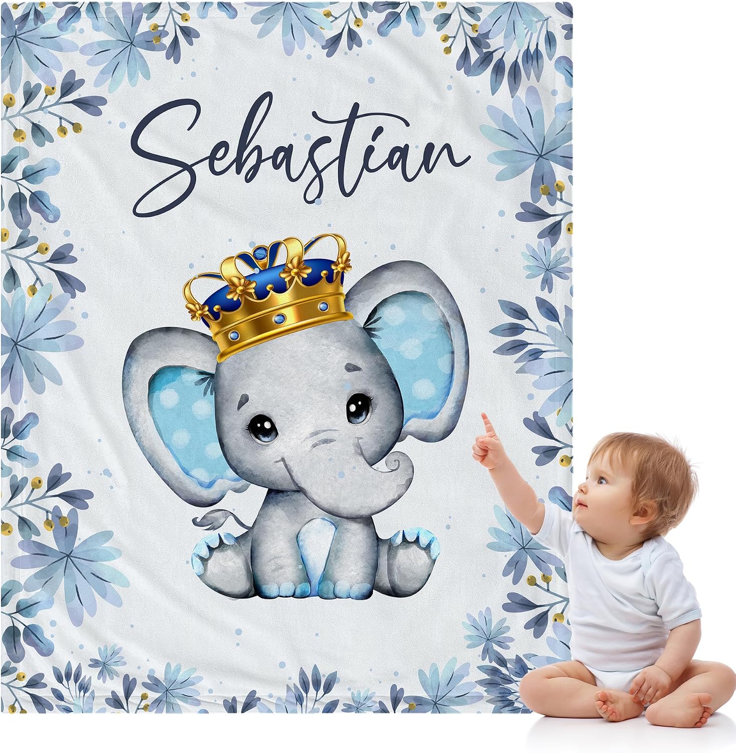 Personalized Baby Blanket for Boys, Custom Name Blanket for Toddlers, Boys Stroller Crib Decor Throw, Blue Elephant