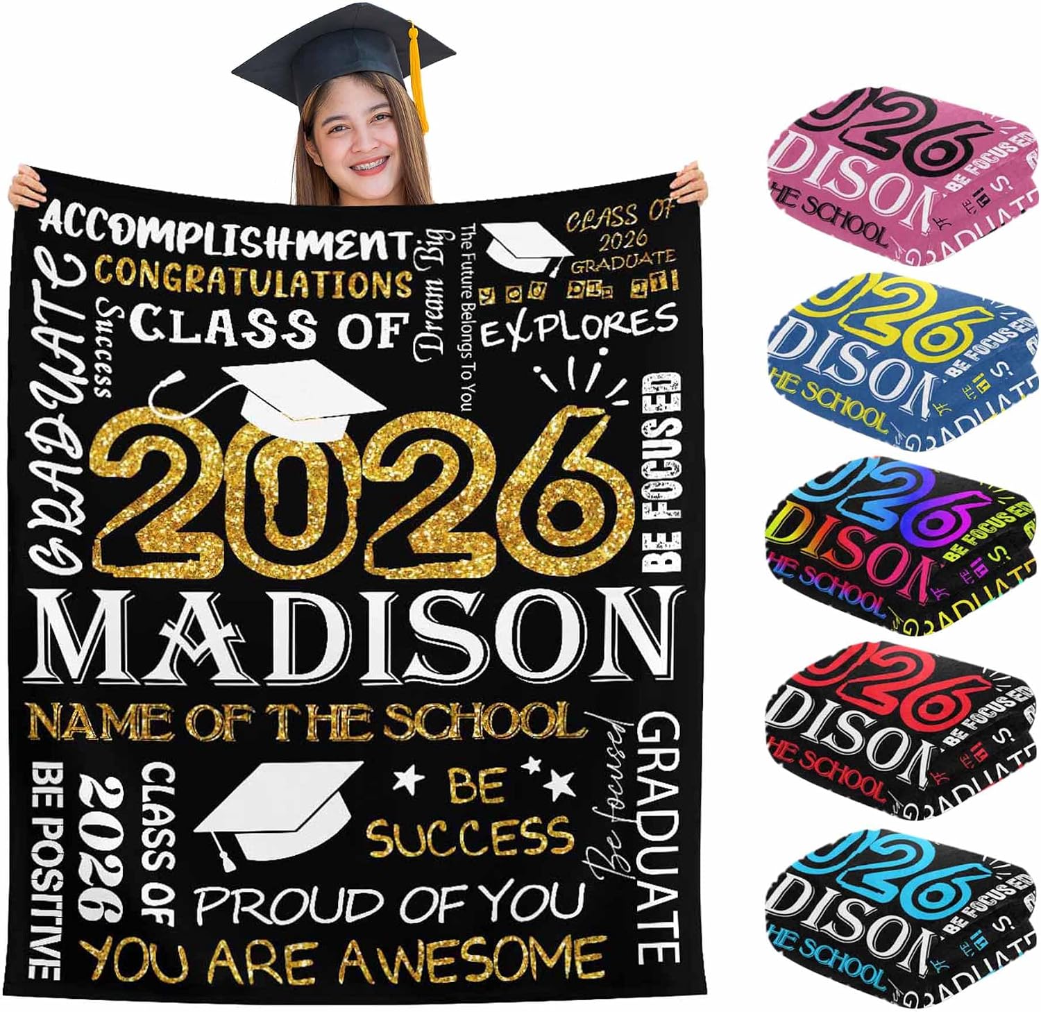YESCUSTOM M Custom Graduation Gifts Blanket with Photo Text Personalized Class of 2026 Graduation Blankets Customized Throw Blanket Graduation Gift for Her Him High School College 50" X 60" Golden