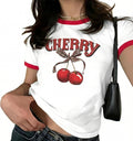 Pink Bow Cherries Shirt Women Coquette Tops Clean Girl Aesthetic Shirts Casual Retro Short Sleeve Tshirt Crop Top