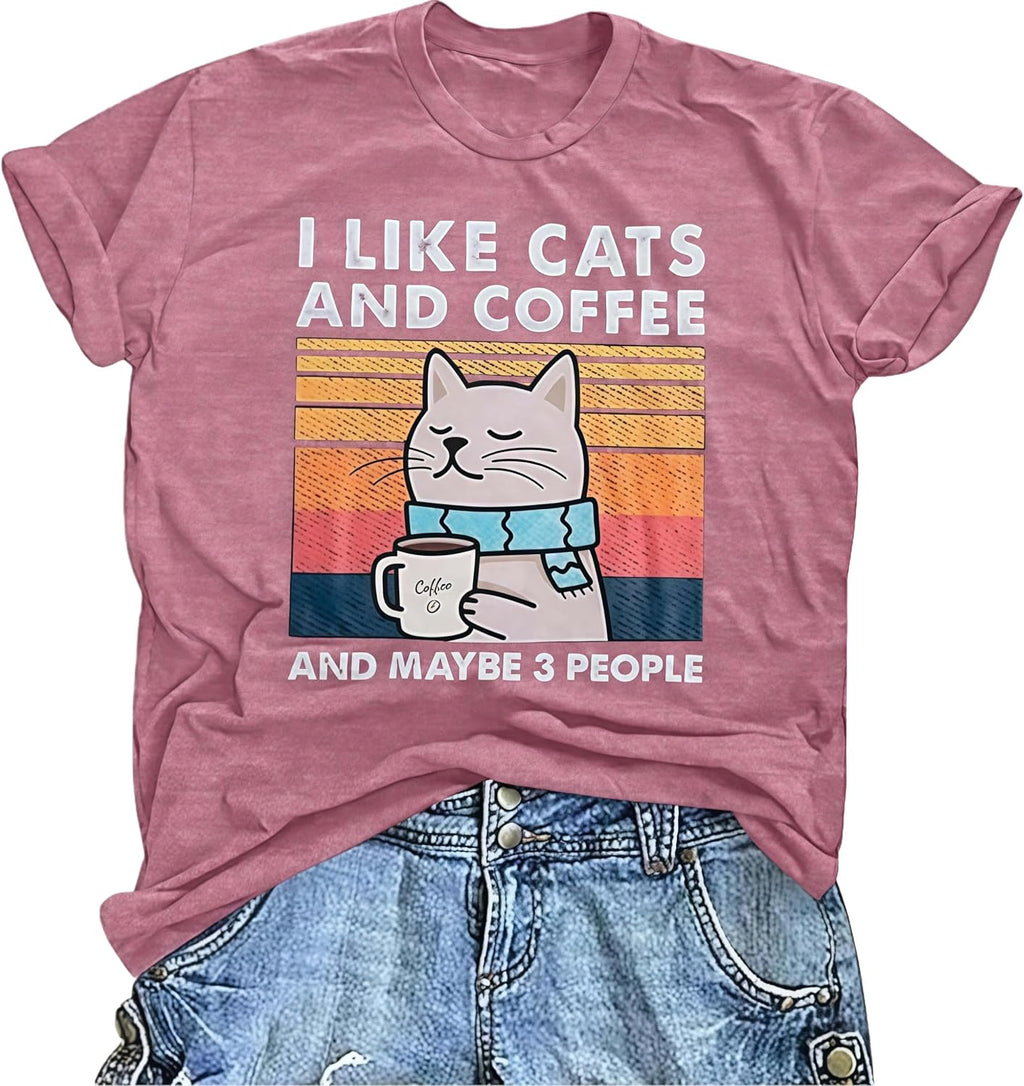 Cats and Coffee Graphic T-Shirt Crew Neck Short Sleeve Cat Lover Shirts Retro Coffee Lover Gift Tee Tops