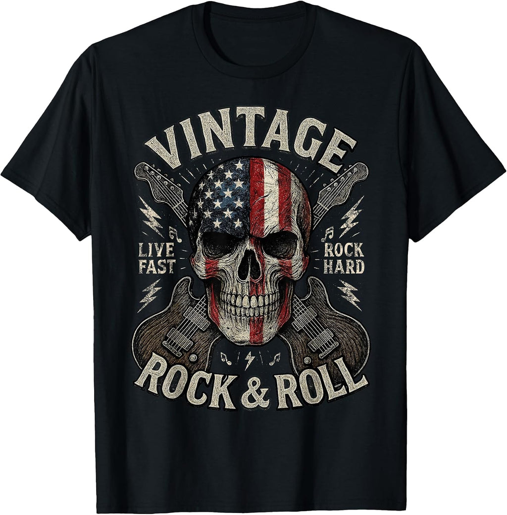 Vintage Rock Skull American Flag Guitar Retro Rock and Roll T-Shirt