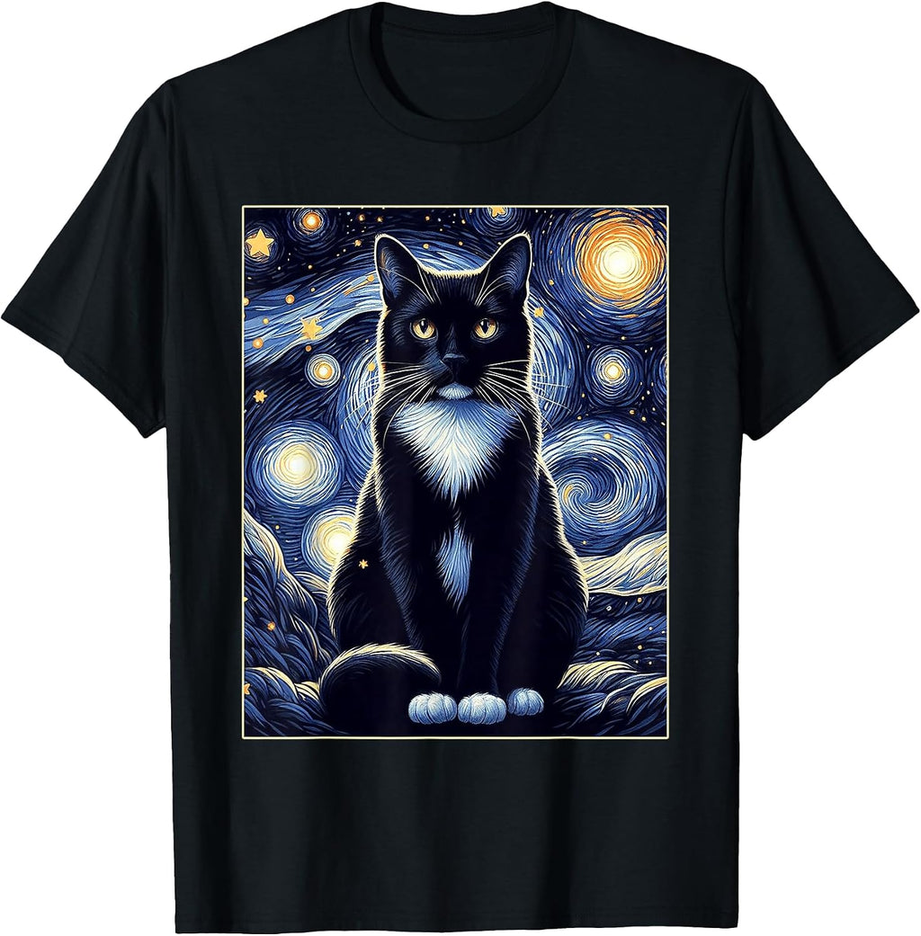 Tuxedo Cat Starry Night Shirt Van Gogh Painting Cat Lover T-Shirt