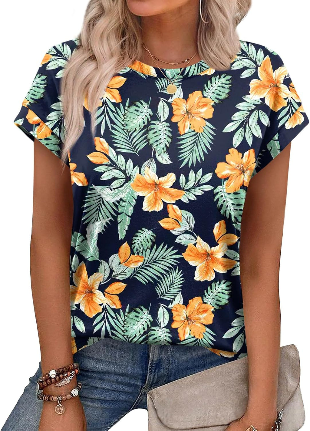 Womens Summer Tops Short Sleeve Shirts Crew Neck Cute Trendy Tunic Blouses (S-3XL)