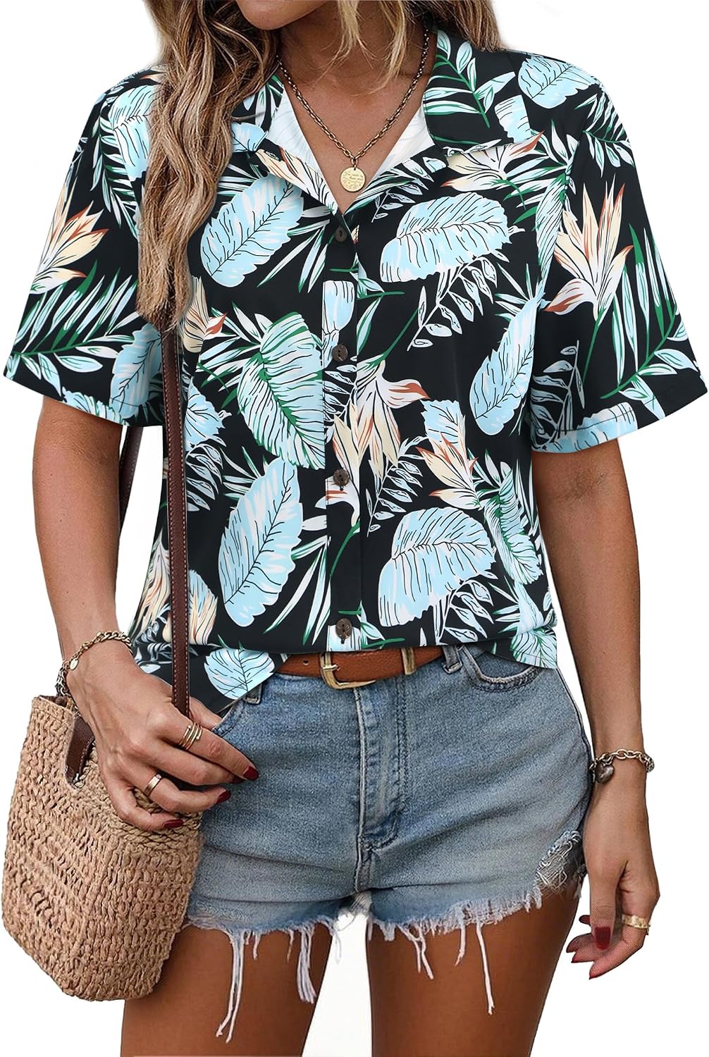 Women's Hawaiian Shirts Tropical Tops Blouses Luau Party Plus Size Summer Beach Button Down Up Vacation Short Sleeve Leaf Print (Black,XL)