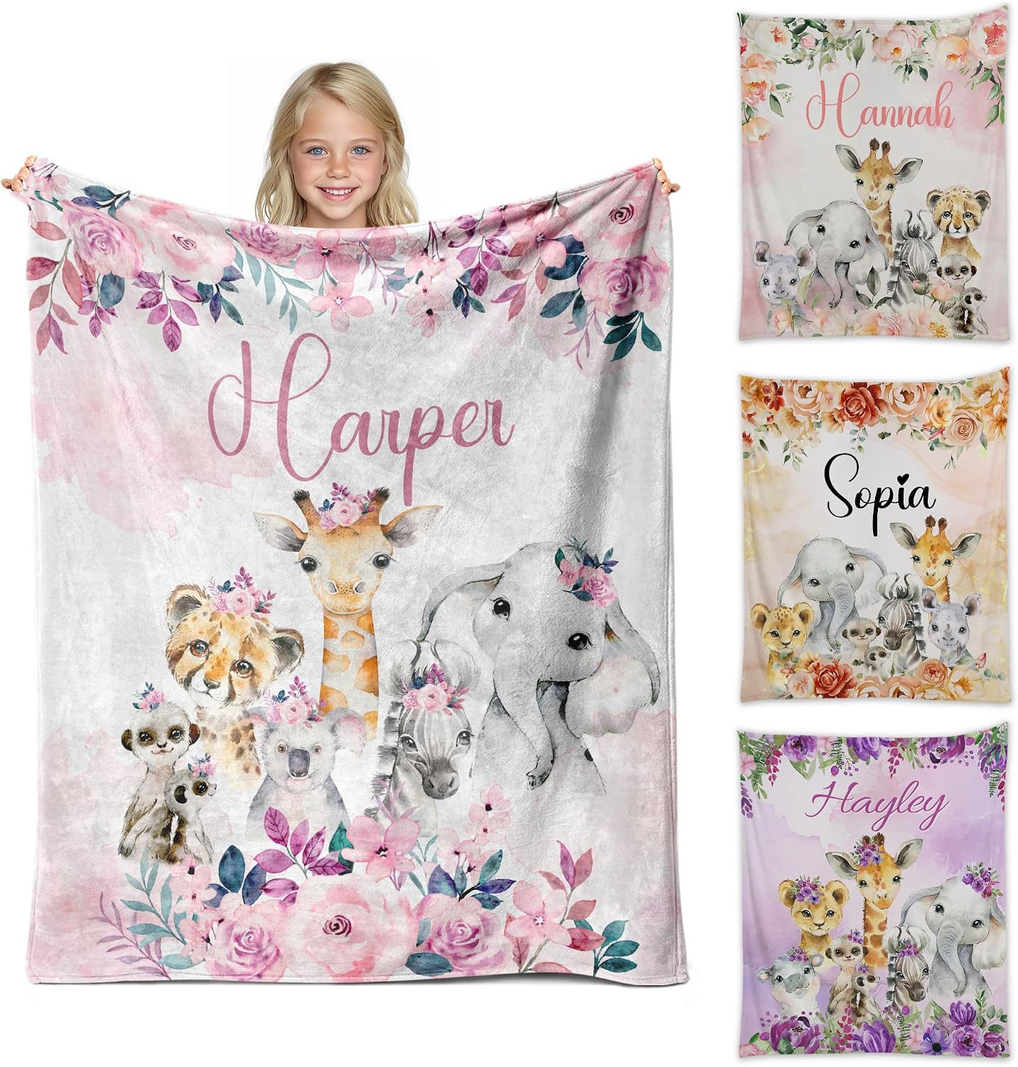 Personalized Baby Blanket for Girls with Name, Custom Baby Girl Blanket, Soft Receiving Blanket for Newborn, Personalized Baby Gifts & Personalized Blankets for Kids(Safari-a)