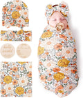 DRESHOW BQUBO Baby Girl Newborn Floral Receiving Blankets with Bow Hat Headband Wooden Birth Announcement Card Set Newborn Baby Swaddling Hats Sleepsack Toddler Warm Shower Gift
