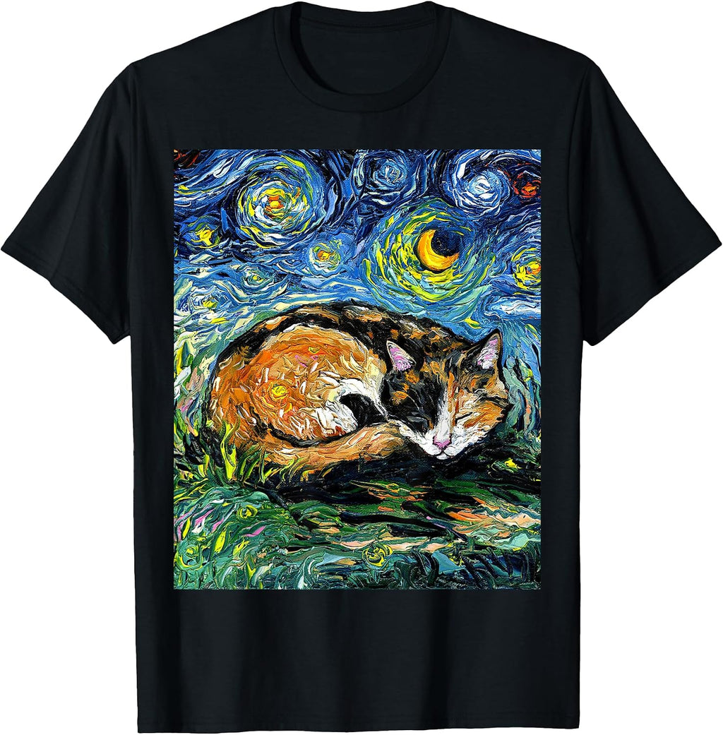 Sleeping Calico Cat Starry Night Animal Lover Pet Artwork T-Shirt