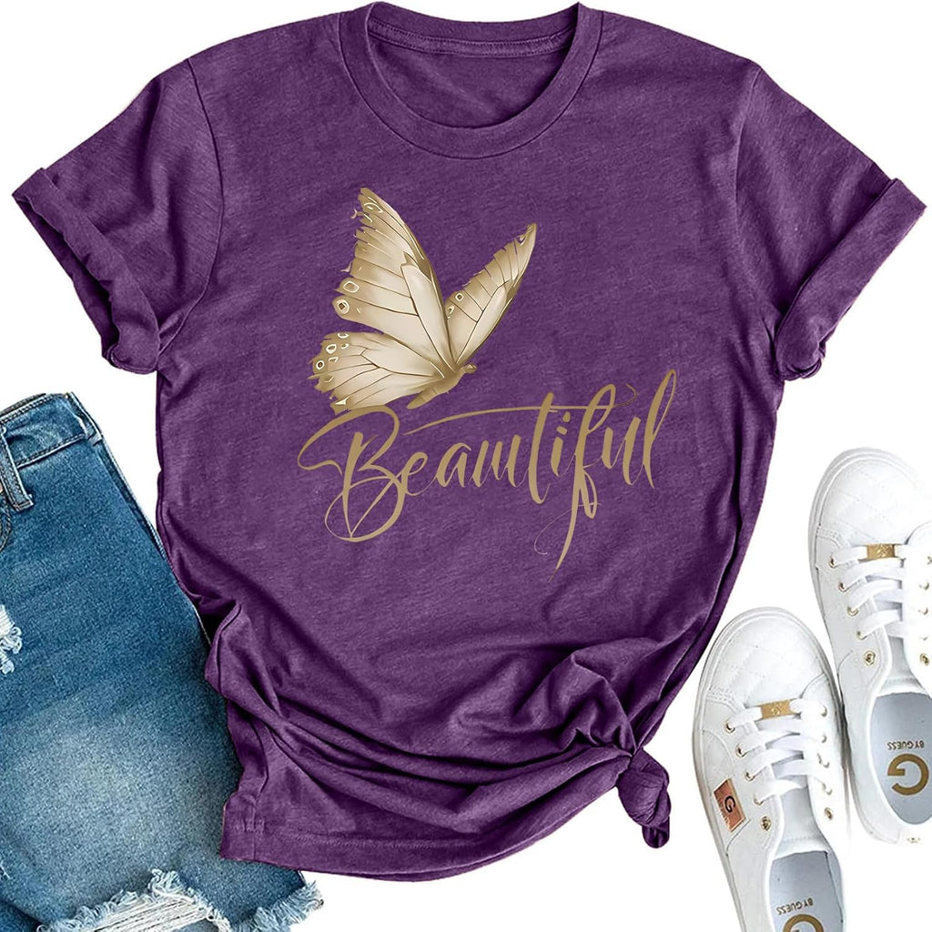 Women’s Butterfly Top Vintage Aesthetic Graphic T Shirt, Crew Neck Short Sleeve Blouse Casual