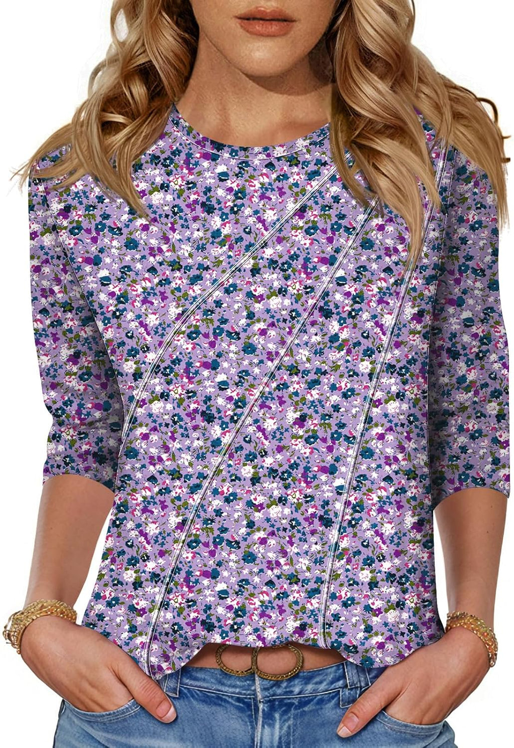 3/4 Length Sleeve Womens Tops Spring Summer Fashion 2026 Tops Crew Neck Pleated Shirts Tunic Top Loose Fit