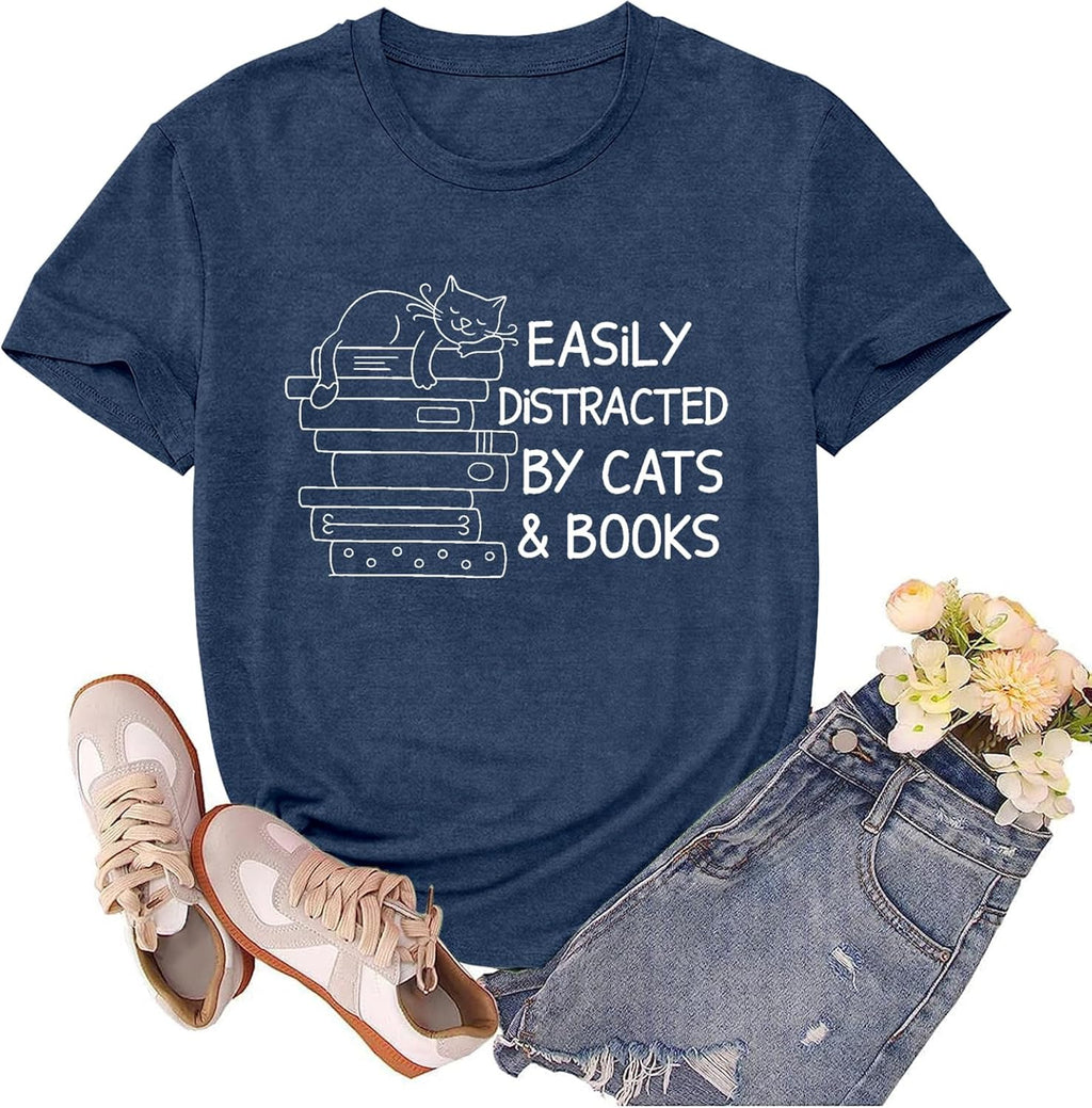 Book Lover Shirts for Women Cat Lover Tshirts Easily Distracted by Cats and Books Tee Tops