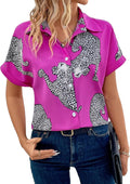 Women's Leopard Print Button Down Blouse Short Sleeve Collared Casual Shirt Top
