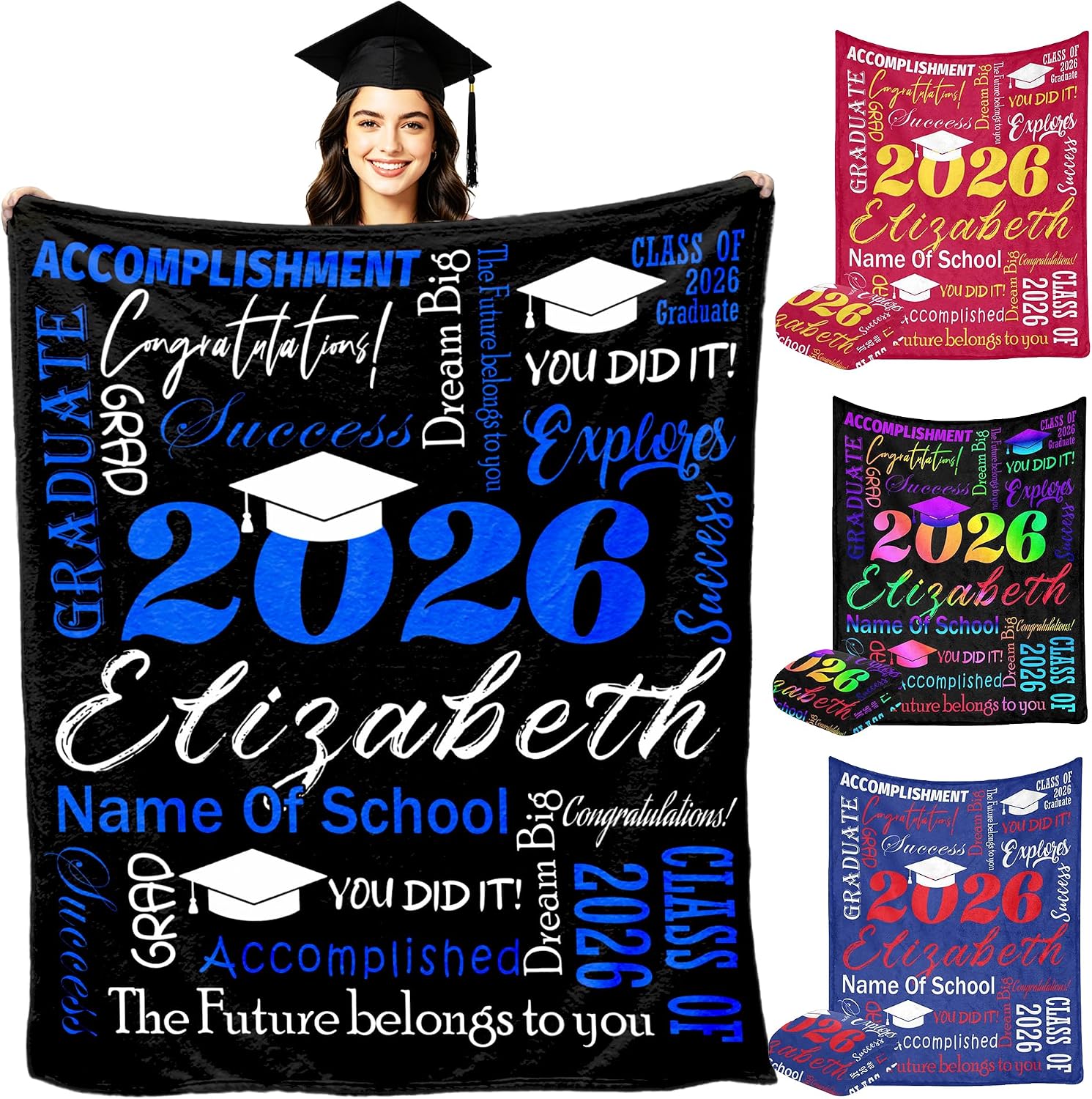 MyPupSocks 2026 Custom Graduation Blanket with Name Texts for High School College, Personalized Name Throw Blanket for Daughter Son Granddaughter Grandson on Graduation Day, Black Gold