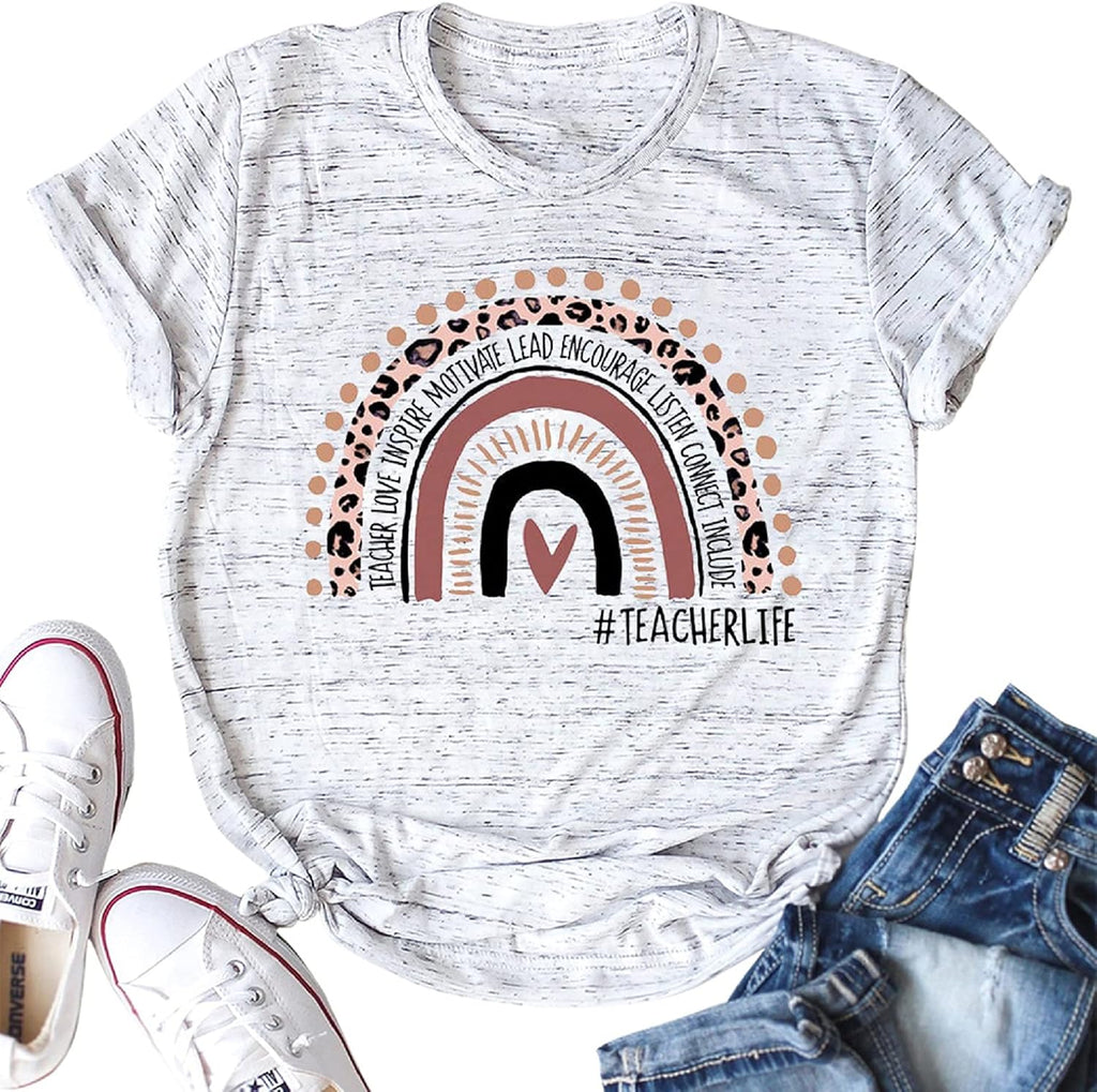 Women Teacher Life Shirt Rainbow Leopard Graphic Tee Kindergarten Teachers Gift T Shirt Inspirational Tops