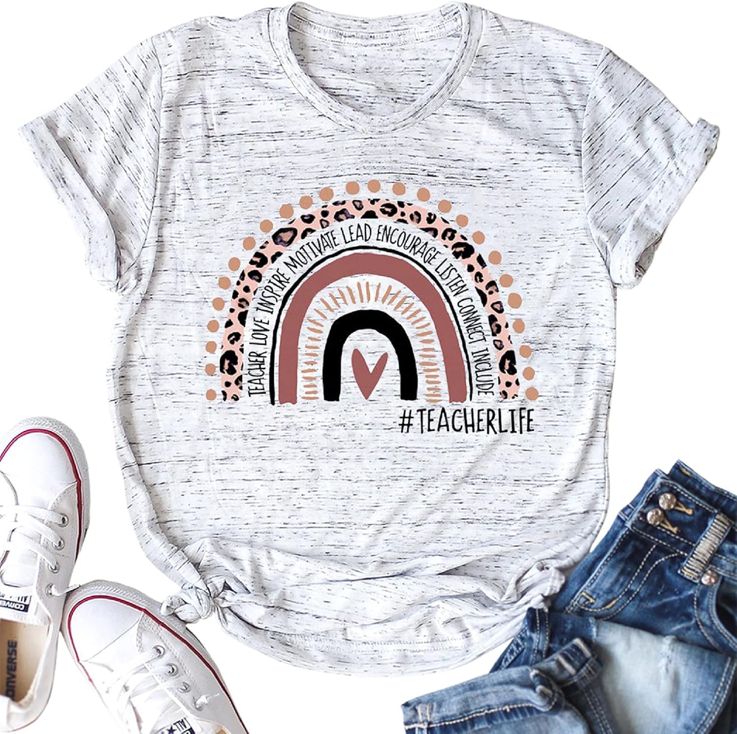 Women Teacher Life Shirt Rainbow Leopard Graphic Tee Kindergarten Teachers Gift T Shirt Inspirational Tops