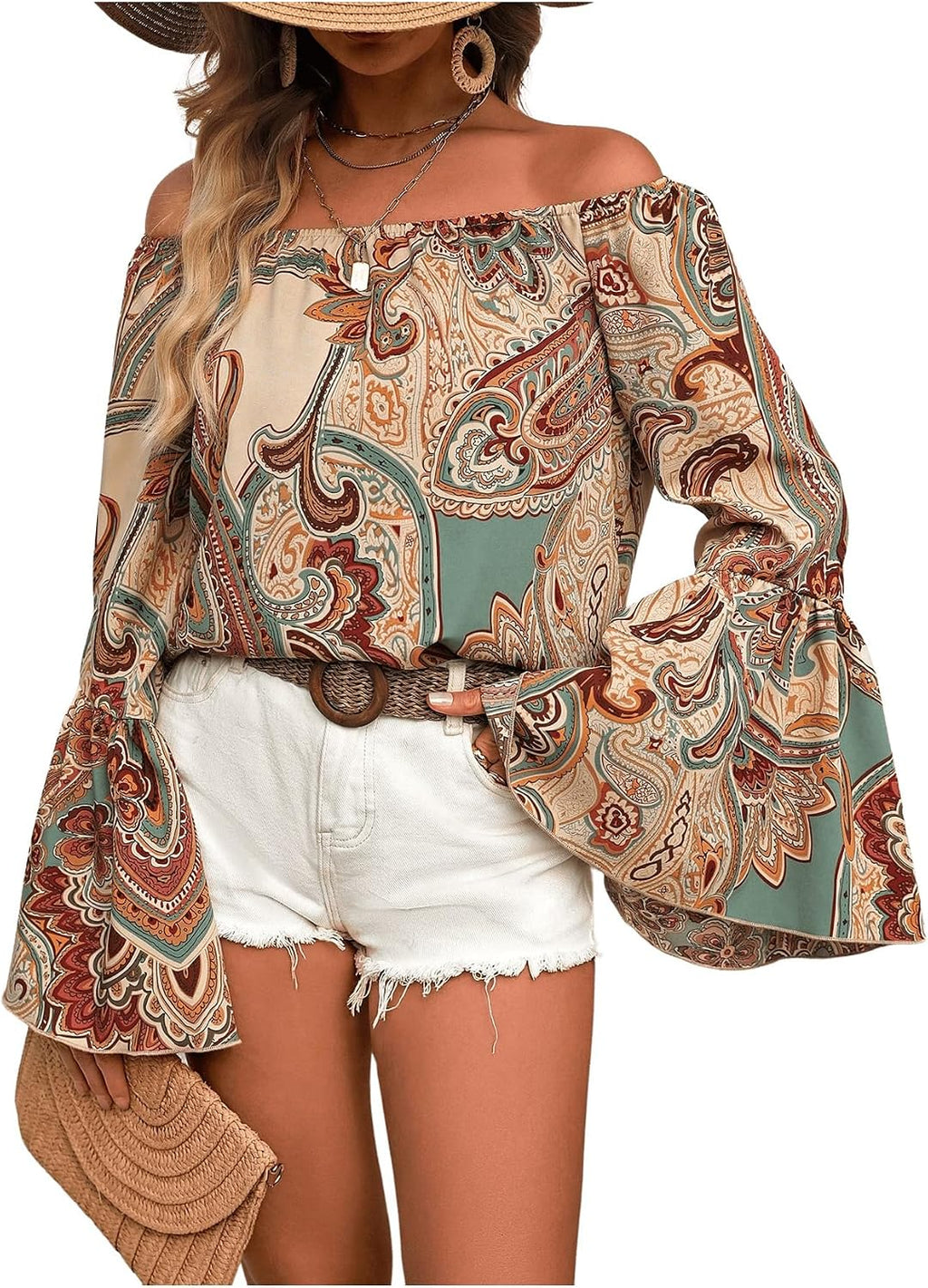 Women's Off The Shoulder Bell Long Sleeve Top Boho Allover Print Blouse Shirts