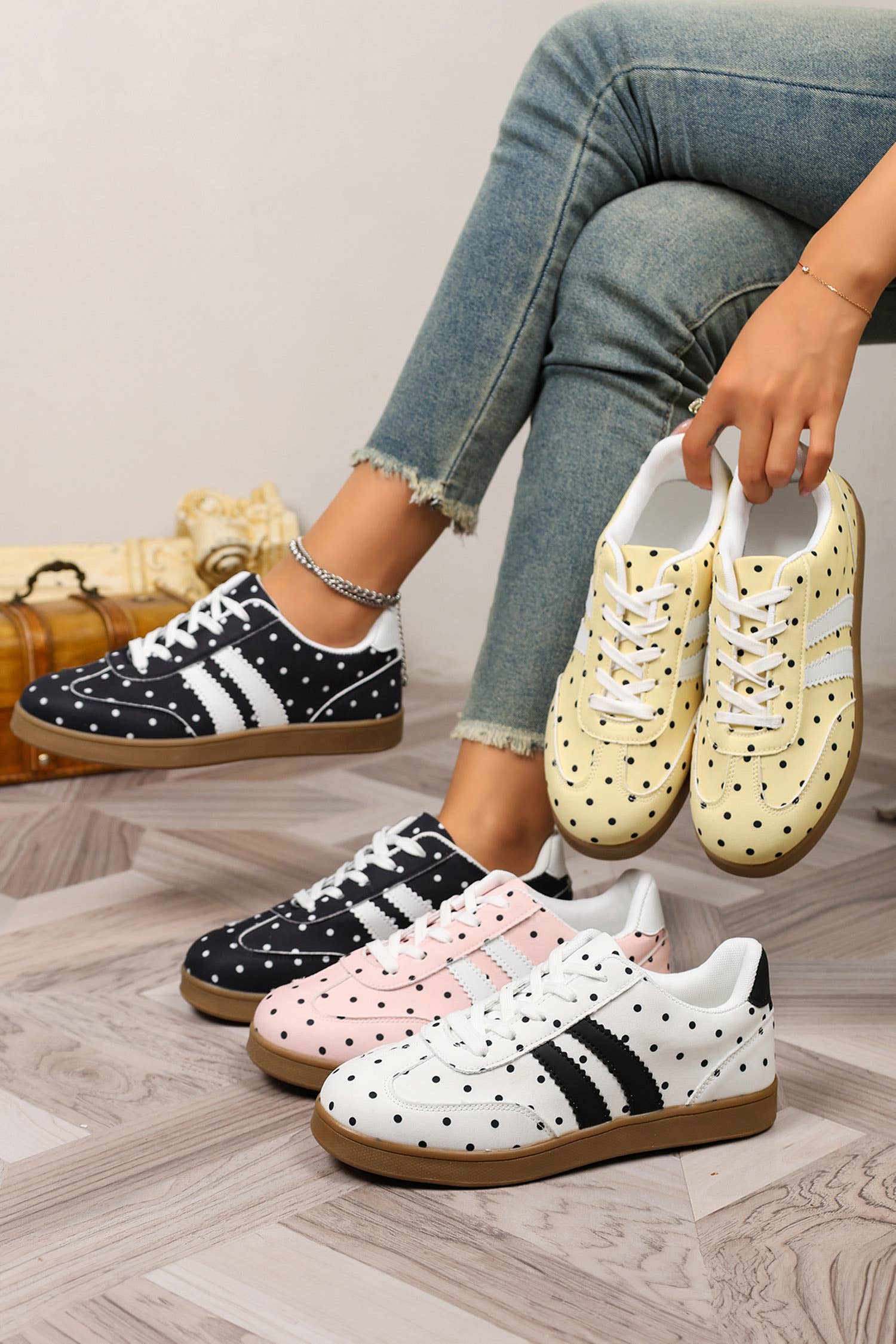 Polka Dot Print Pu Leather Color Block Casual Sneakers