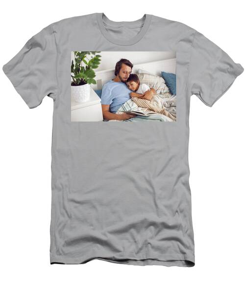Dad Reads A Book Lying In White Bed To His Son Child Before Going To Bed #9 T-Shirt