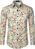 Mens 70s Floral Dress Shirt Long Sleeve Printed Casual Button Down Shirts