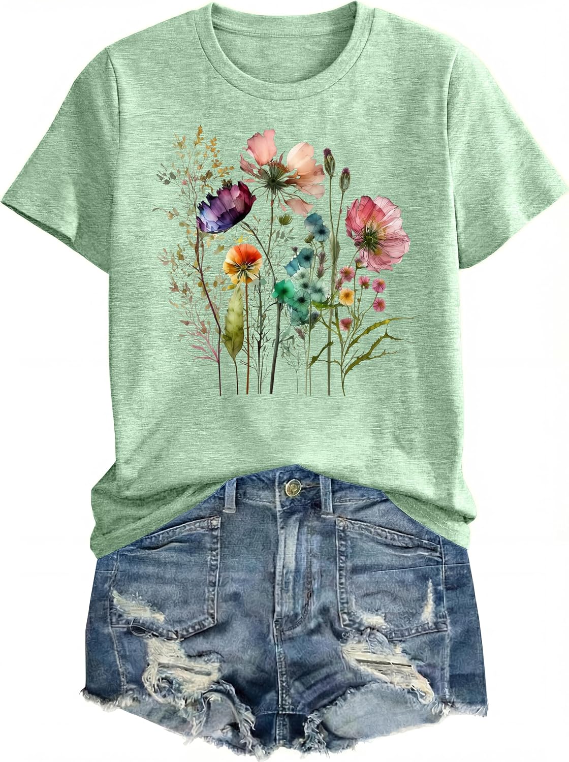 Graphic Tees for Women Casual Short Sleeve Round Neck Vintage Boho Style Floral T Shirts Wildflowers Cottagecore Tshirt Tops