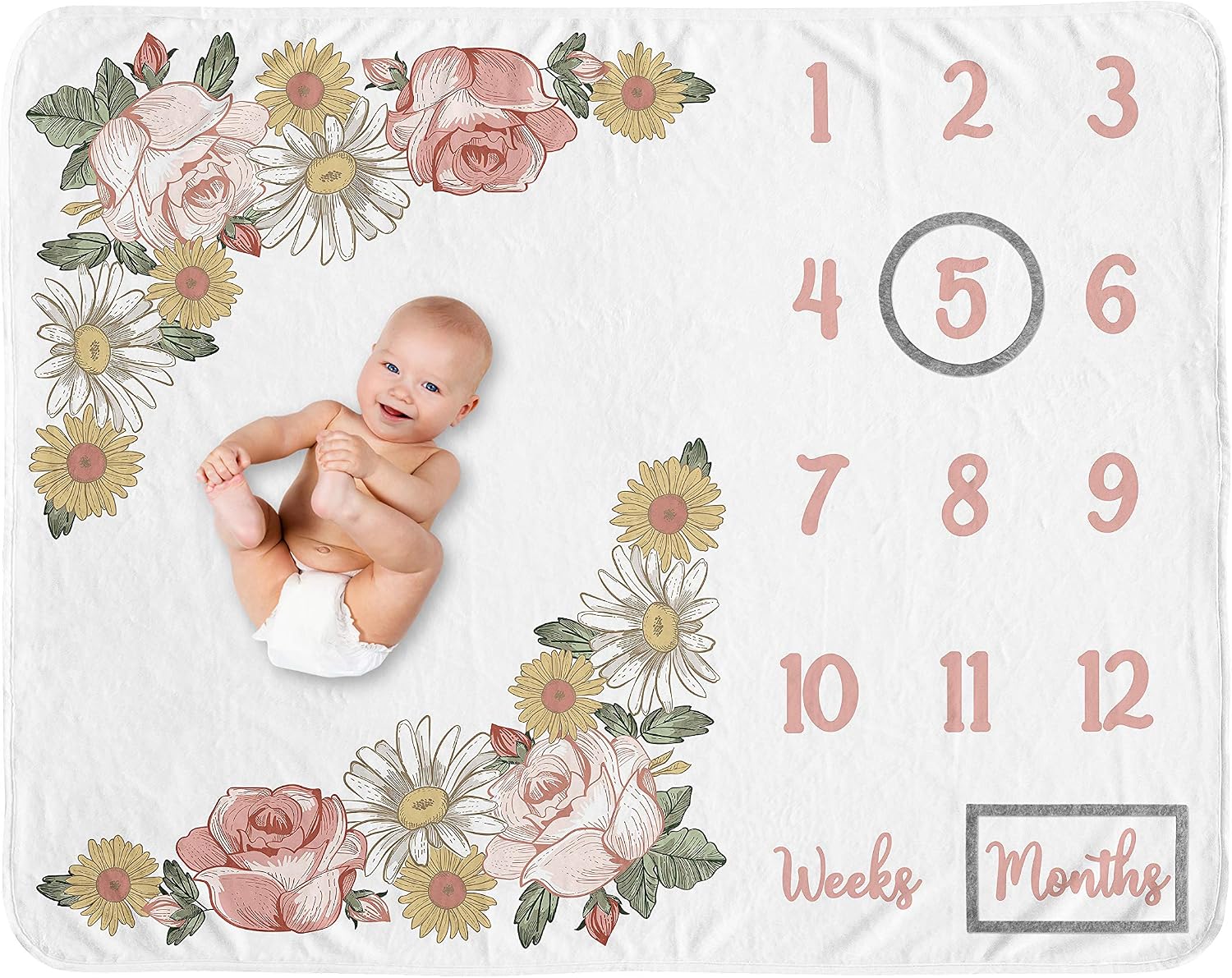 Sweet Jojo Designs Vintage Floral Boho Girl Milestone Blanket Monthly Newborn First Year Growth Mat Baby Shower Memory Keepsake Gift Picture - Blush Pink Yellow Green Shabby Chic Rose Flower Farmhouse