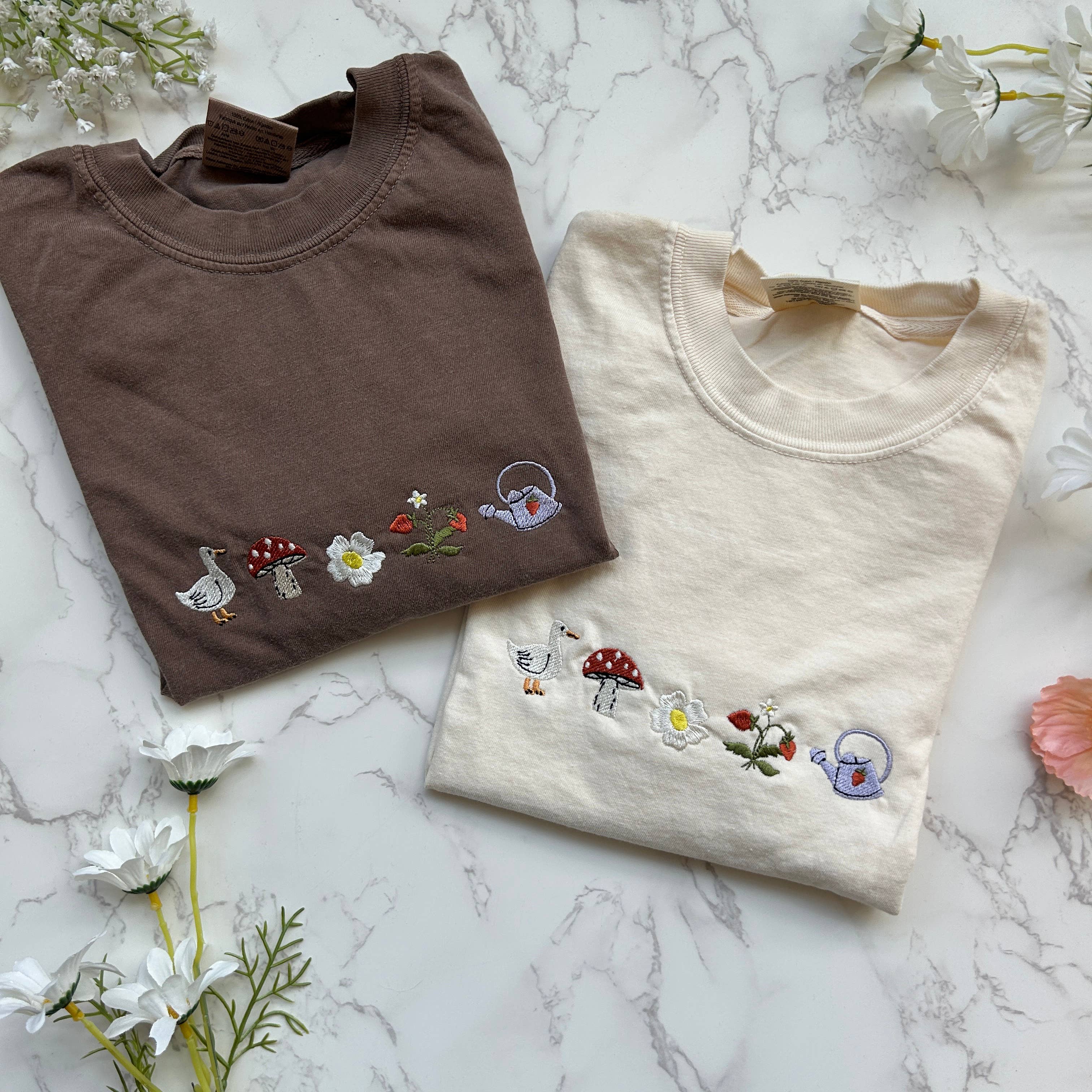 Embroidered Cottagecore Spring Duck Mushroom Garden Tshirt