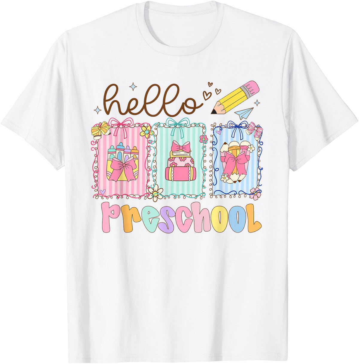 Preppy Hello Preschool Coquette Pencil Back to School Kids T-Shirt