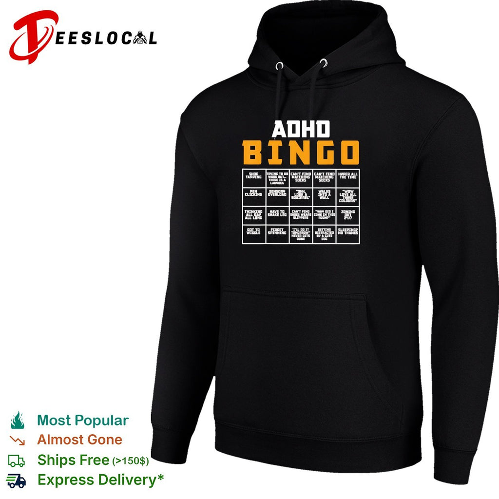 ADHD bingo card infographic with 20 relatable symptom squares grid chart shirt