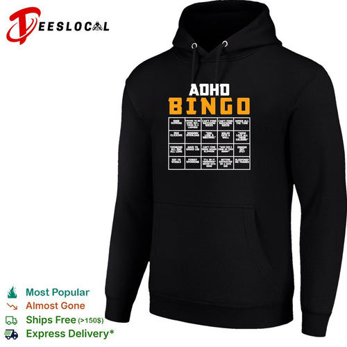 ADHD bingo card infographic with 20 relatable symptom squares grid chart shirt