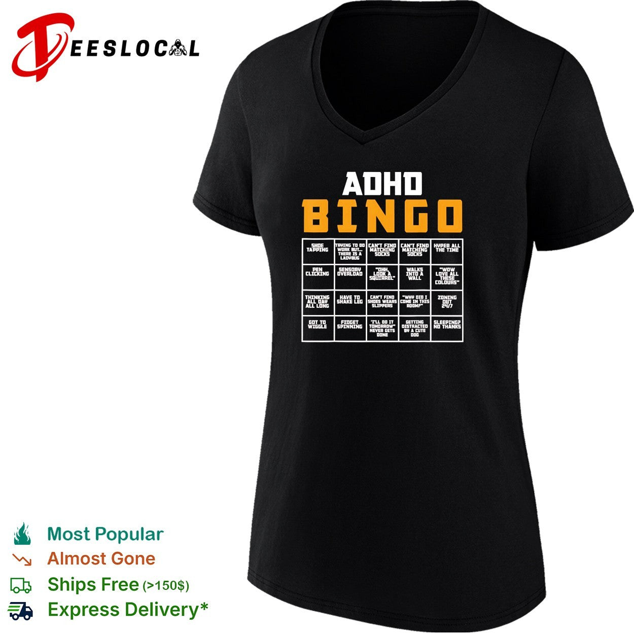 ADHD bingo card infographic with 20 relatable symptom squares grid chart shirt