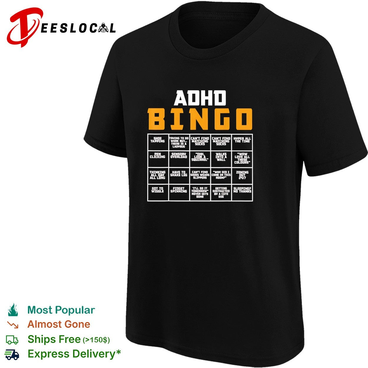 ADHD bingo card infographic with 20 relatable symptom squares grid chart shirt