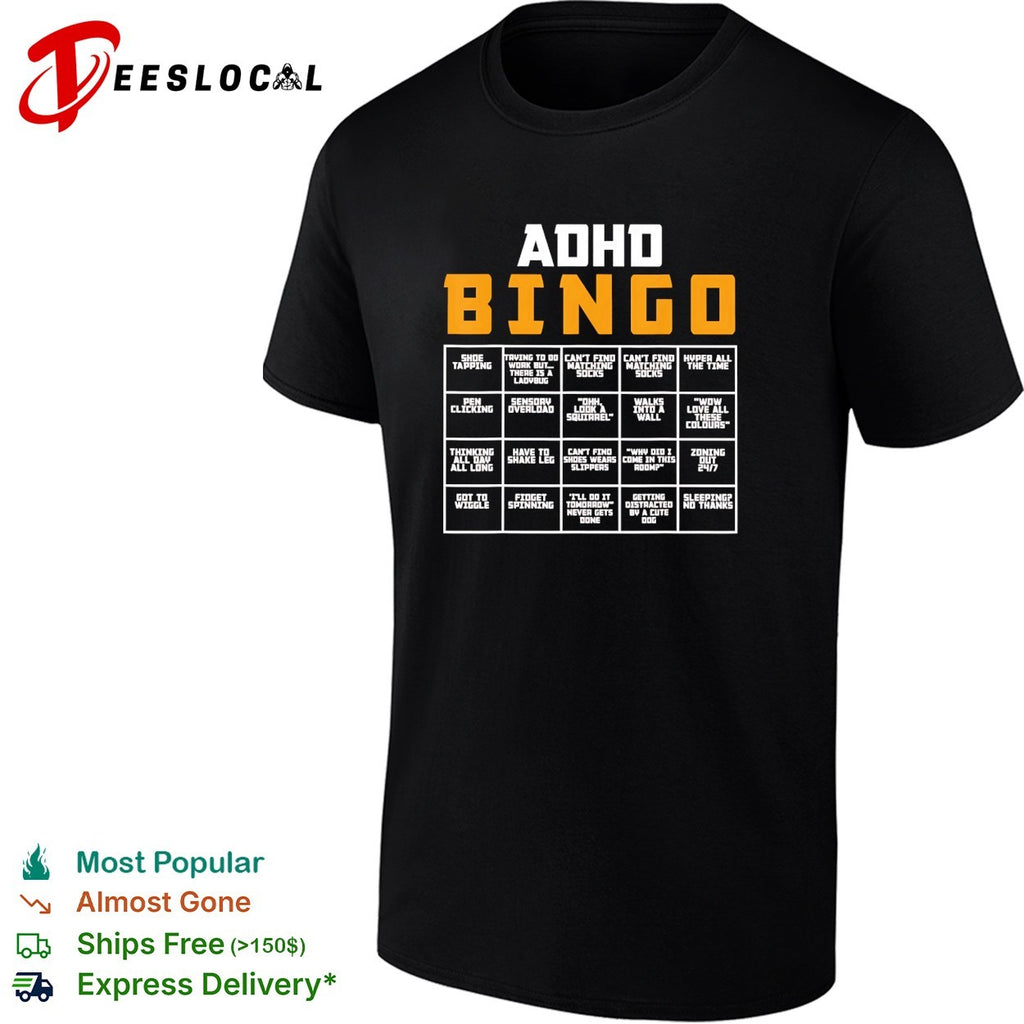 ADHD bingo card infographic with 20 relatable symptom squares grid chart shirt