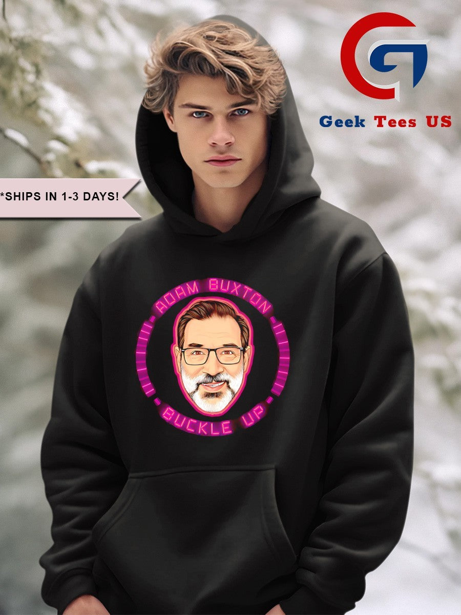 Adam Buxton buckle up big head shirt