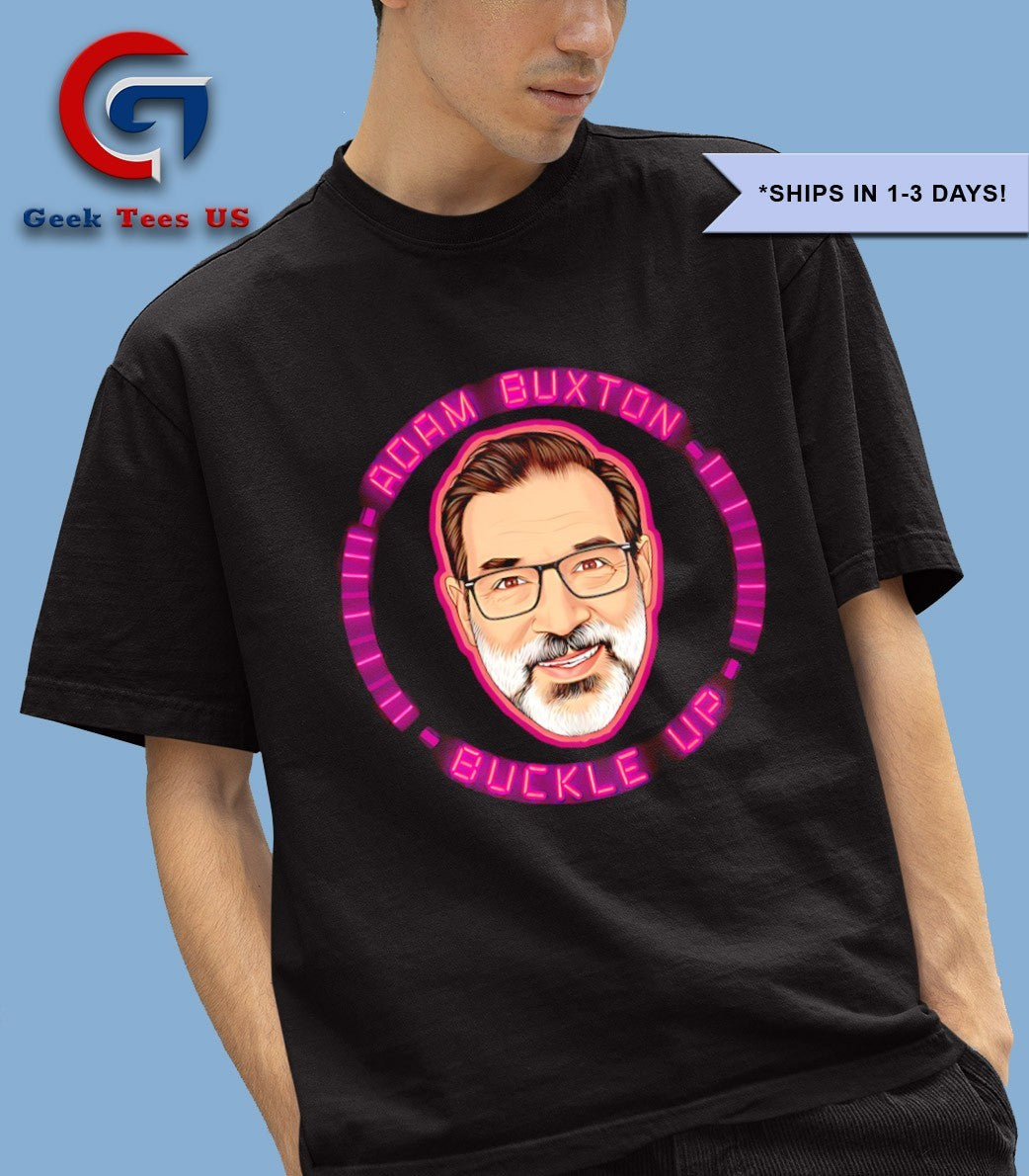 Adam Buxton buckle up big head shirt