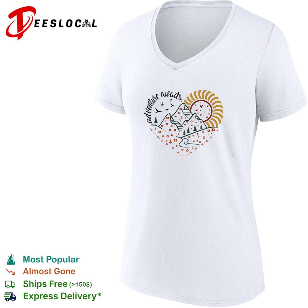 Adventure awaits mountains and river inside floral heart with birds flying shirt