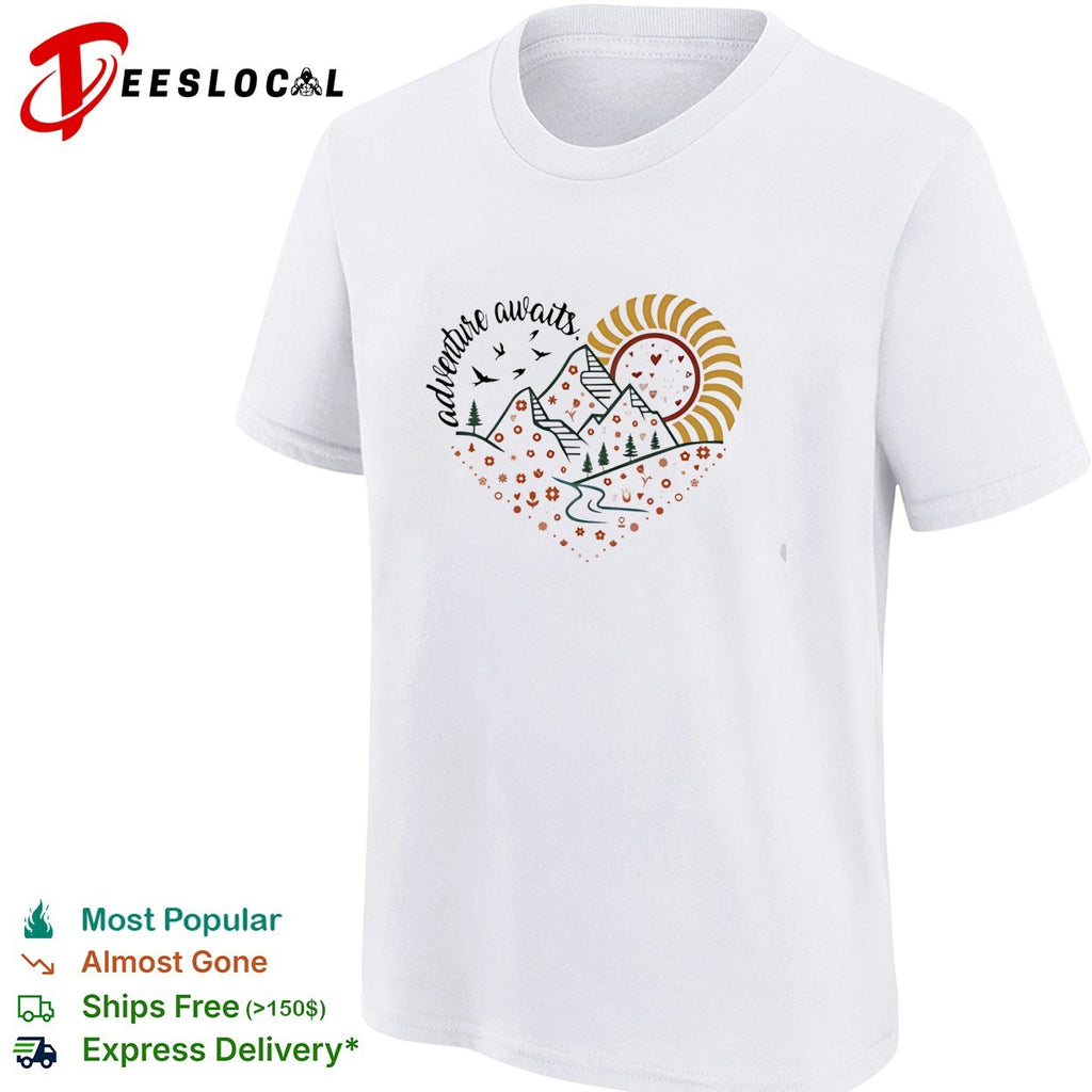 Adventure awaits mountains and river inside floral heart with birds flying shirt