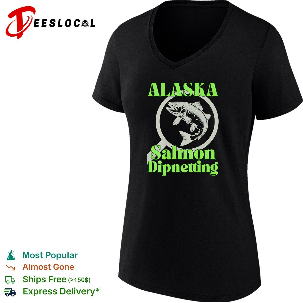 Alaska salmon dipnetting fish jumping through arrow and net circle logo shirt