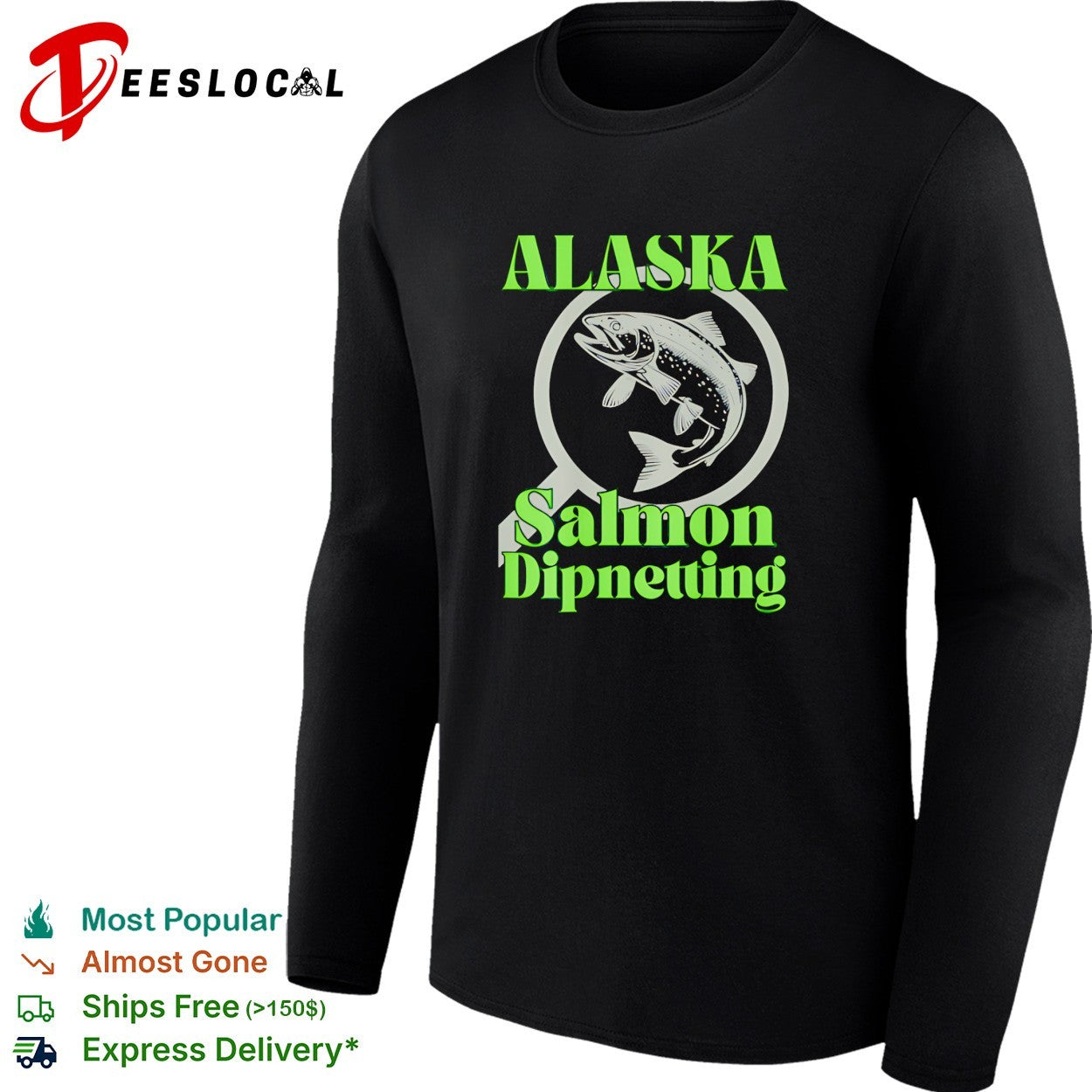Alaska salmon dipnetting fish jumping through arrow and net circle logo shirt