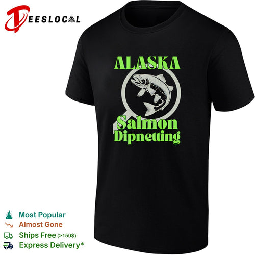 Alaska salmon dipnetting fish jumping through arrow and net circle logo shirt