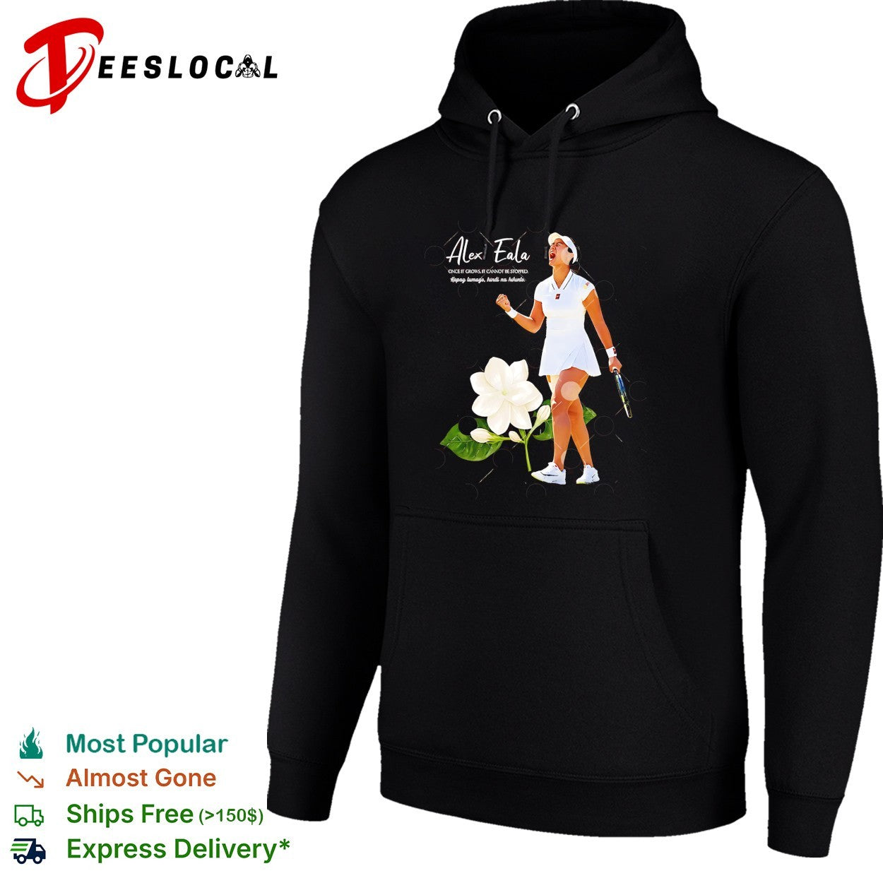 Alex Eala celebrating with clenched fist holding tennis racket once it grows shirt
