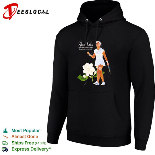 Alex Eala celebrating with clenched fist holding tennis racket once it grows shirt