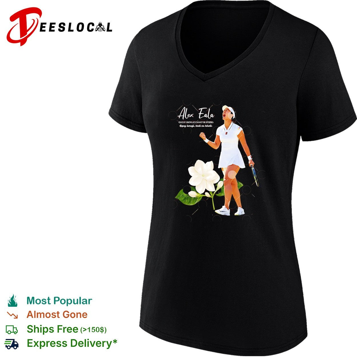 Alex Eala celebrating with clenched fist holding tennis racket once it grows shirt