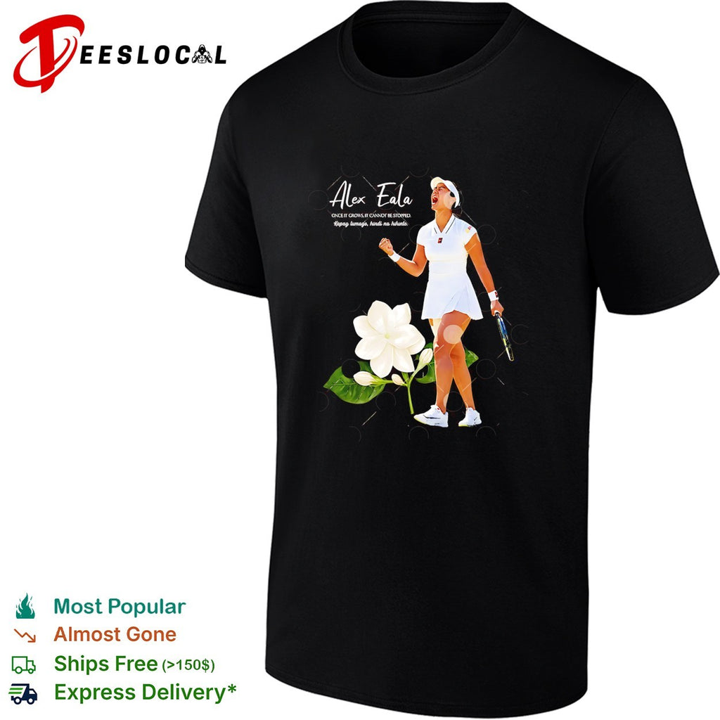 Alex Eala celebrating with clenched fist holding tennis racket once it grows shirt