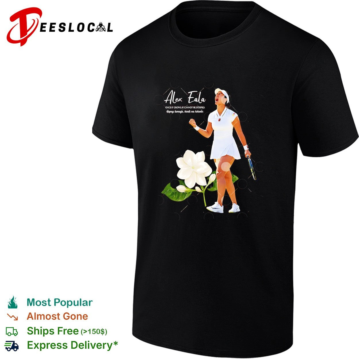 Alex Eala celebrating with clenched fist holding tennis racket once it grows shirt