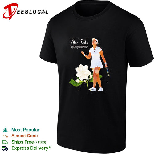 Alex Eala celebrating with clenched fist holding tennis racket once it grows shirt