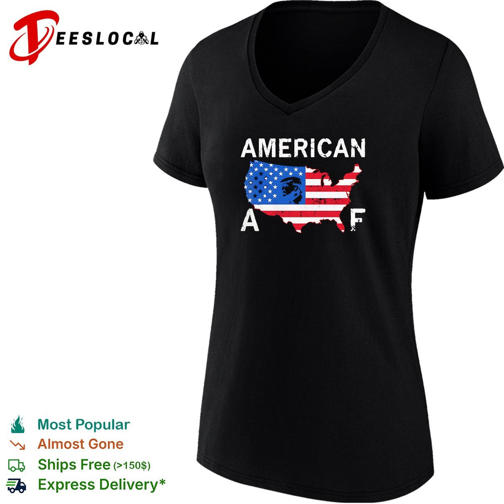 American AF USA map covered in flag with political figure profile silhouette shirt