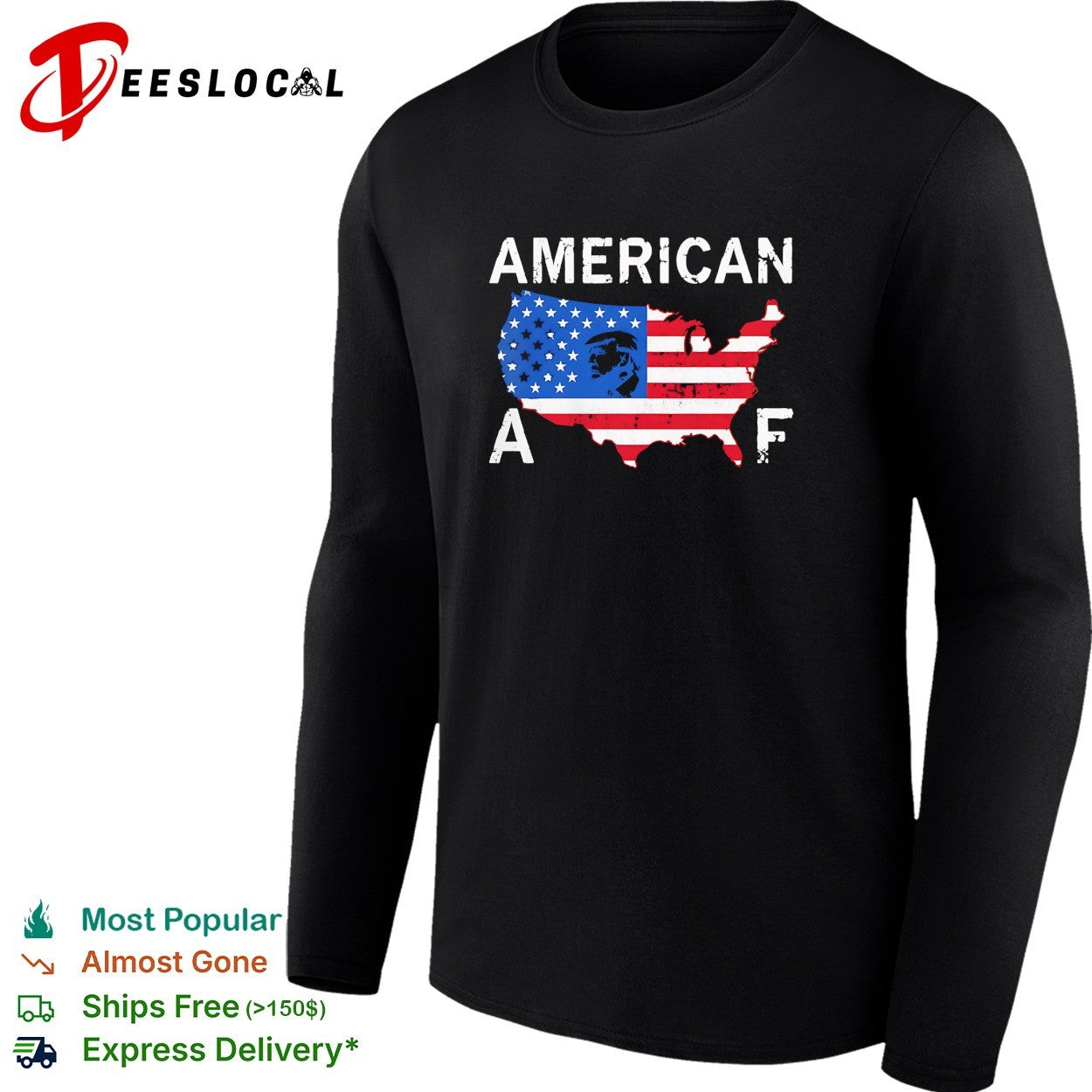 American AF USA map covered in flag with political figure profile silhouette shirt
