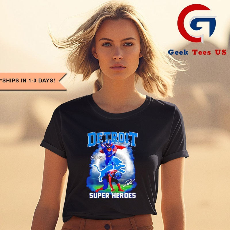 Amon-Ra St. Brown Super Man Jahmyr Gibbs Detroit Lions Super Heroes 2025 signature shirt